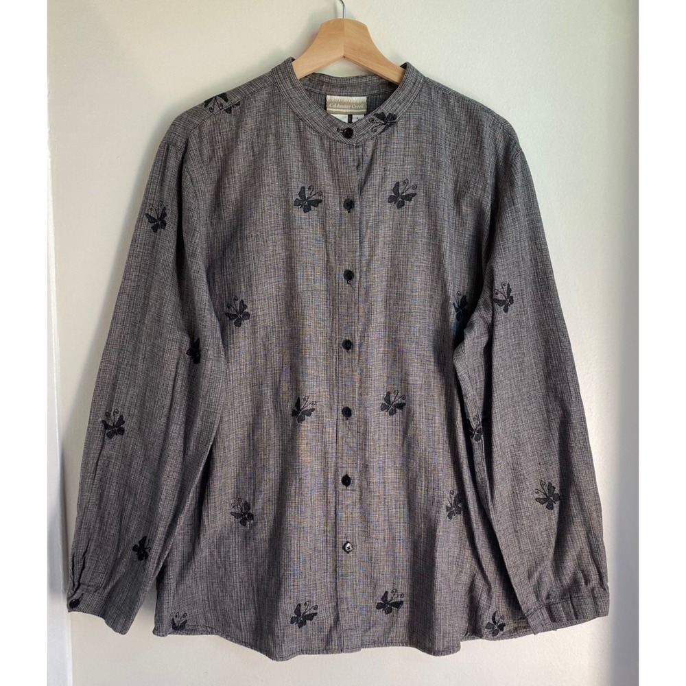 Coldwater Creek Butterfly Embroidered Blouse Womens Large Gray Cotton Blouse